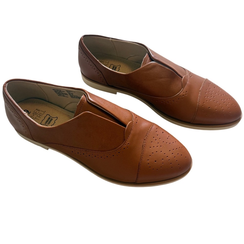Time and Tru Oxford Loafers Women's 9 Brown Excellent Leather Brogue Slip-On